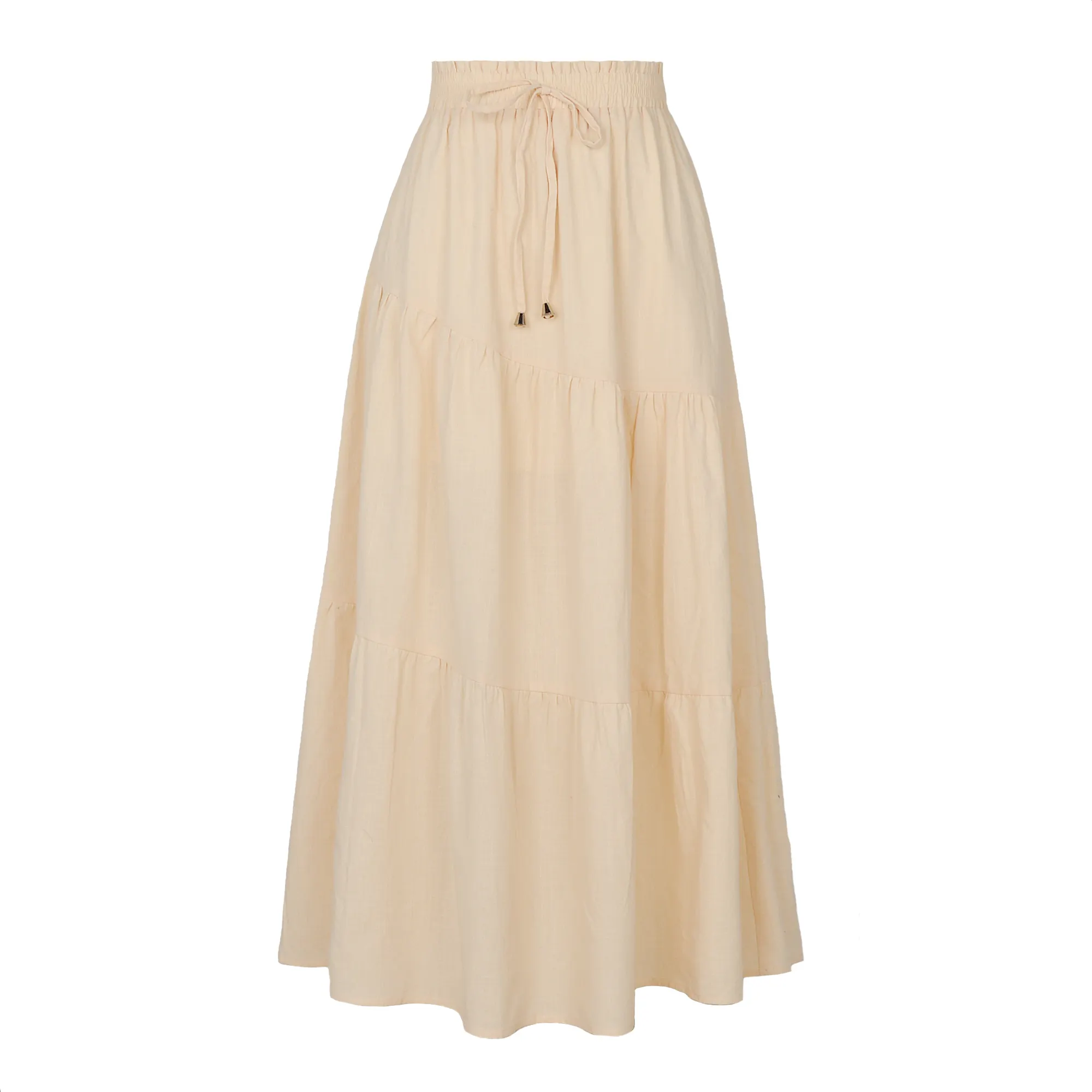 Boutique High Waist Half length Skirt Solid Cotton Hemp Elastic Waist Large Fold Skirt for Women