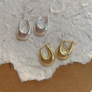 Boucles d'oreilles créoles minimalistes en métal, forme goutte d'eau, plaquées or et argent, ovales et creuses, pour femmes et jeunes filles - Product Image 1