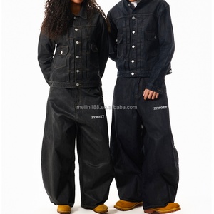Ensemble de survêtement personnalisé assorti : Veste boutonnée ample en jean ciré et ensemble deux pièces en jean ciré épais pour homme - Product Image 3