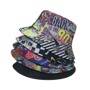 빈티지 남여 공용 뒤집을 수 있는 버킷 모자 도매 스트리트웨어 힙합 90 년대 낙서 디지털 인쇄 축제 동물 잎 낚시