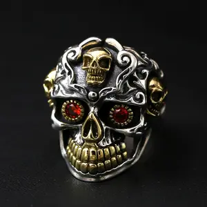 Punk Style Vintage Silver Jewelry Suppliers Gold Plated Ancient S925 Silver Skull Head Free Size Open Ring for Men