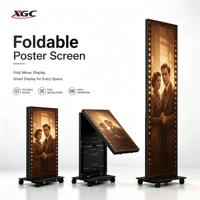 Écran publicitaire LED numérique sur pied, type totem, avec affichage multi-zones HDR10, luminosité 600 cd/m², écran partagé