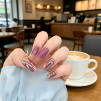 Faux Ongles Courts Carrés Brillants Effet Chrome Aurore Violet Plaqué Couleur, Couverture Complète, Réutilisables en ABS, 24 Pièces