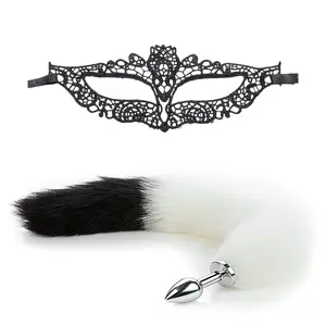 New combination black Lace eye mask and tail anal plug silicone and metal material of fox tail anal plug