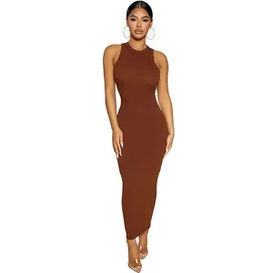 Tùy Chỉnh Cơ Thể Con Không Tay Tank Maxi Dresses Phụ Nữ Mùa Hè Phụ Nữ Nâu Gân Tank Top Dress Phụ Nữ Quần Áo