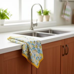 Asciugamano da cucina in cotone con stampa limoni 70x70 cm quadrato con bordo giallo per uso domestico - Product Image 2