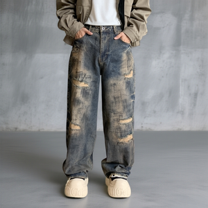 Jeans en denim délavé coupe ample pour hommes, style décontracté, effet usé, <span class=keywords><strong>pantalon</strong></span> streetwear <span class=keywords><strong>skate</strong></span> hip-hop, vente en gros - Product Image 1