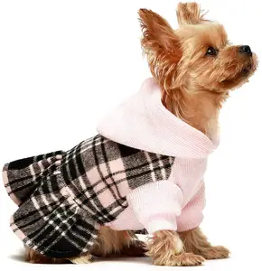 Одежда для собак, платье, одежда для домашних животных, вязаное платье в клетку с капюшоном, прямой производитель, роскошные платья для собак на заказ