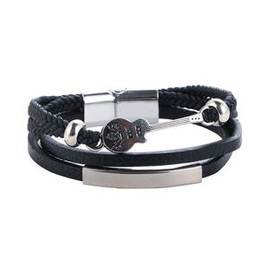 Set di Bracciali in Pelle Multistrato per Uomo - Charm <span class=keywords><strong>Chitarra</strong></span> con Note Musicali, <span class=keywords><strong>Corda</strong></span> Intrecciata e Barra Metallica, Gioielli Punk Regolabili - Product Image 6