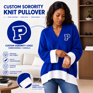Pull en tricot personnalisé ZPB pour sororité avec broderie de lettres grecques, manches longues, 100% coton, col en V, vêtements pour femmes - Product Image 1