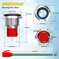 Interrupteur à bouton-poussoir robuste de 19mm avec LED étanche 1NO SPST 4 broches en acier inoxydable 20A 12VDC IP67 niveau 15CM faisceau de câbles