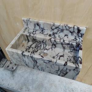 Vasque flottante de luxe en marbre naturel avec lavabo intégré, comptoir de salle de bain mural cannelé, surface polie/affinée - Product Image 2