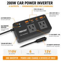 Convertidor de Energía para Vehículo de 200W, Puerto USB Tipo-C de Carga Rápida, 12V a 110V, Enchufe Estadounidense, Mini Inversor de Corriente para Auto, para Viajes al Aire Libre