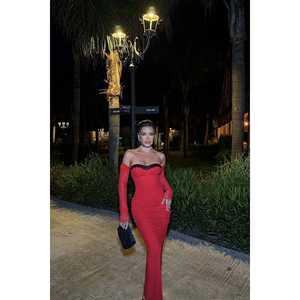 ชุดราตรีทรงเอไลน์สีแดงแบบเอ็มไพร์  ยาวกรอมพื้น  ผูกเชือกด้านหลัง  ผ้าโพลีเอสเตอร์  สำหรับงานเลี้ยงอย่างเป็นทางการ  ไซส์ XS ถึง XL - Product Image 2