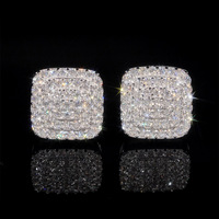 Boucles d'oreilles clous de luxe en moissanite couleur D à trois rangs, en argent S925, design carré, sertissage pavé complet, hypoallergéniques, bijoux de mariée