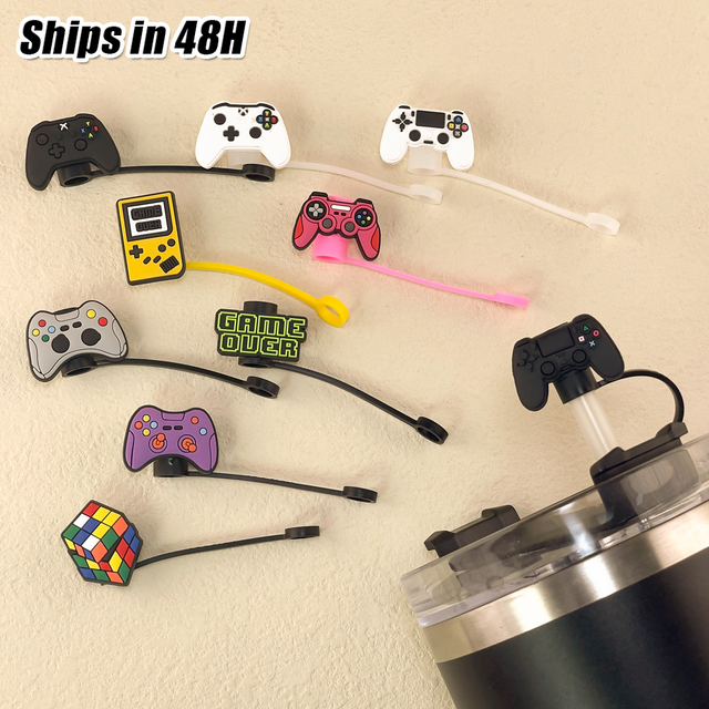 Trending Products Custom Cute Eco-Friendly 10mm Silicone Drinkware Accessories Wholesale Gamepad Rubik's Cube Straw Topper