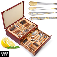 Ensemble de 72/84 pièces de couverts russes plaqués or, en acier inoxydable, couteau, fourchette, cuillère à soupe, coffret cadeau