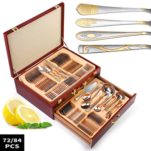 Juego de Cubiertos Rusos de 72/84 Piezas, Chapados en Oro, con Corona, de Acero Inoxidable, Cuchillo, Tenedor, Cuchara para Sopa, en Caja de Regalo - Product Image 1