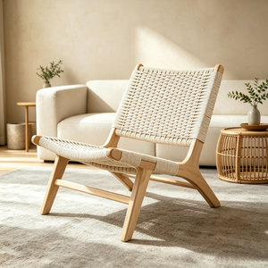 Tenghang Solid Wood Rope Woven Lounge Chair Single <strong>Rattan</strong> <strong>Sofa</strong> with Backrest for Living Room Bedroom Balcony Home Furniture - Product Image 2