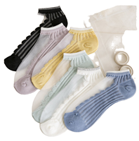 Chaussettes courtes respirantes en mélange de coton tricoté écologique, imprimées à motif dessin animé, bordure en dentelle, pour femme, été, usage quotidien