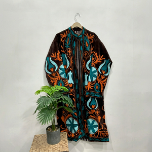 <b>Women</b> Brown Embroidered <b>Velvet</b> Suzani Long Jacket With Floral Pattern Full Sleeve Stand Collar Bohemian Ethnic Style Autumn <b>Coat</b> - Product Image 1