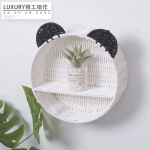 Panda Ear Wicker Rattan Shelf Round <b>Wall</b> Mounted <b>Storage</b> Basket For Bedroom Cosmetics Succulent Display Rack - Product Image 5