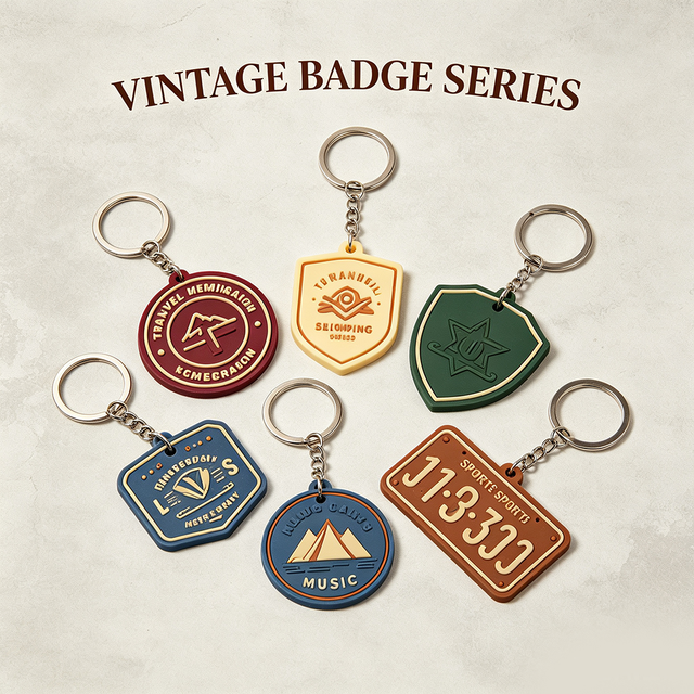 Custom Design VINTAGE BADGE SERIES 2D 3D Silicone Keying Rubber Soft PVC Keychain for Souvenir Gift Promotional Key Chains