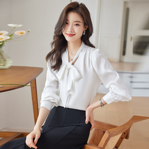 Women's White Long Sleeve Blouse With Ribbon Bow Solid Color Work Shirt For Office Commute - Product Image 1