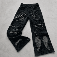 Jeans en denim noir personnalisé avec logo, effet vieilli, patchwork, ourlet brut, coupe ample, jambe large, style streetwear vintage pour homme – Vente en gros