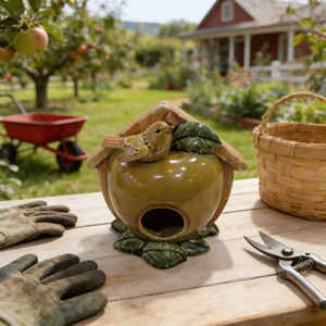 Nichoir en céramique en forme de pomme avec accent oiseau - Décoration pour vergers et jardins de campagne - Product Image 1