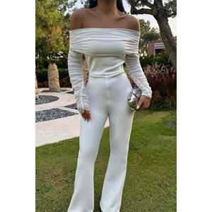 จั๊มสูทลายดอกไม้สีขาว แขนจับจีบ เอวสูง ทรงบอดี้คอน เหมาะสำหรับฤดูร้อนและฤดูใบไม้ร่วง ชุดออกกำลังกายแบบชิ้นเดียว - Product Image 4