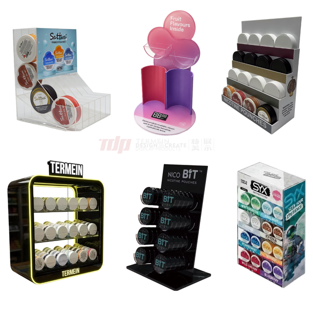 TERMEIN Black Acrylic Nicotin Pouch Display Knock Down Detachable Base Counter Snus Can Display Rack Smokeless Tobacco Display