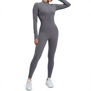 Combinaison longue grise pour femme à manches longues et taille haute avec fermeture éclair, coupe ajustée, en Spandex et Polyester, idéale pour le yoga - Product Image 2