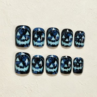 Faux ongles courts Halloween à motifs de dessins animés, fantôme bleu, citrouille et feu lumineux, 24 pièces, amovibles et à presser (personnalisables)