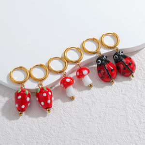 أقراط متدلية أنيقة مذهلة من الخنفساء مطلية بالذهب أقراط لطيفة من خنفساء الحشرات والفطر والفراولة أقراط متدلية مجوهرات - Product Image 1