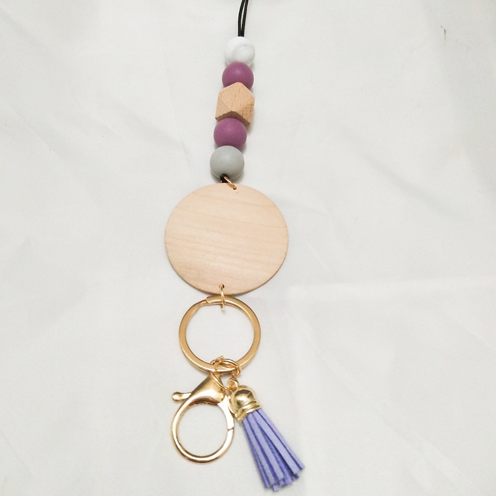 Wholesale Silicone Beads Lanyard Monogram Wooden Disc Tassel Pendant Necklace Teacher ID Badge Beaded Lanyard Image 3