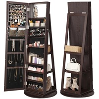 Armoire à Bijoux Pivotante Moderne en Bois P2 avec Miroir Pleine Longueur et Lumières LED, Étagères de Rangement Verrouillables à 360 Degrés