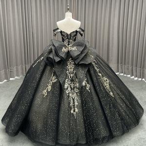 Robe De Pelota Robe De Quinceanera noire à épaules dénudées Robe De Quinceanera en dentelle métallisée à paillettes scintillantes Robe de bal plissée pour les fêtes - Product Image 3