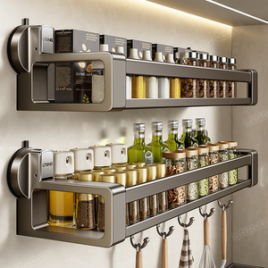 Stainless Steel Wall Mounted <b>Kitchen</b> Storage Rack With <b>Hooks</b> For Oil Salt Soy Sauce Vinegar Neatening Storage - Product Image 3