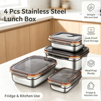 Lot de 4 boîtes repas en acier inoxydable avec joint hermétique en silicone, anti-fuite, pour la préparation des repas, pour réfrigérateur et cuisine