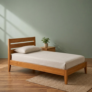 Cadre de lit simple en teck moderne avec panneau de tête de lit à 3 niveaux à lattes - Product Image 2
