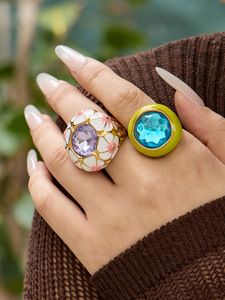 Flower Pattern Cocktail <b>Rings</b> Women's Gold Plated <b>Ceramic</b> Bezel Set Cubic Zirconia Round Stone Bohemia Style Daily Party Jewelry - Product Image 2