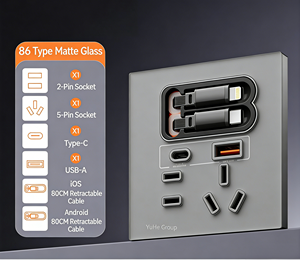 Prise murale en verre mat de type 86 du groupe YuHe avec prises 2 broches et 5 broches, ports USB-C/USB-A, câbles rétractables de 0,8 m et application Smart Life - Product Image 2