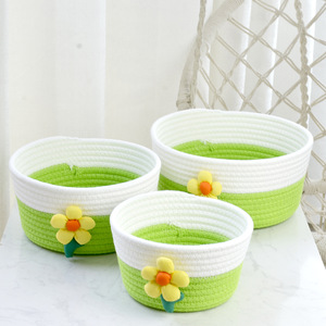 Phong Cách Mới Làm Bằng Tay Màu Bông Sợi Dây Thừng Dệt Giỏ Lưu Trữ Hộp Đồ Chơi Tổ Chức Giỏ Với Hoa Trang Trí - Product Image 5