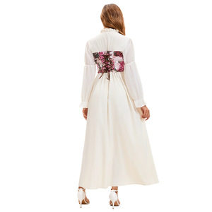 <b>White</b> Apricot Floral Print Chiffon A-Line Empire Waist Evening Dress Scalloped Neckline Long Sleeve <b>Maxi</b> Length - Product Image 2