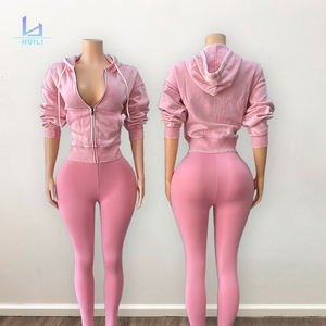 Huili tinta unita abiti in bianco logo personalizzato Vintage Activewear Y2k acido lavaggio Zip up con cappuccio e Leggings due pezzi da donna Set felpa con cappuccio - Product Image 2