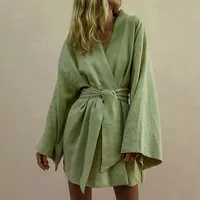 Robe de Bain Gaufrée à Col en V pour Femme, Tenue de Luxe en 100% Coton et Lin, Spa