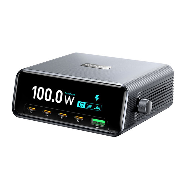 Smart Digital Display GaN Desktop Charging Station USB-A + 4 Type-C 265W PD Fast Charger - EU Plug