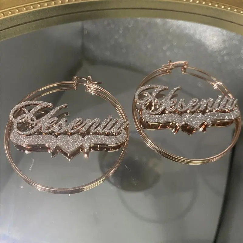 Stainless steel customized name earrings Personalized DIY multi-color shiny sticker wire earrings Big ear hoop