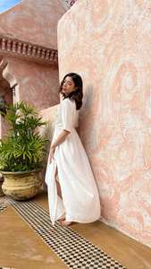 Vestido bohemio de caftán blanco hecho a mano, estilo de diosa único con mangas, tela viscosa hecha antes de la boda, ropa de resort para playa - Product Image 6